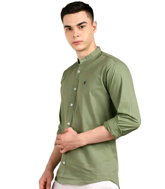 Trens Men's Solid Slim Mandarin Olive Shirts